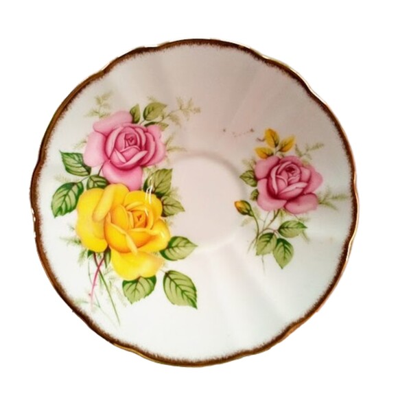 Adderley Fine Bone China England Luxe Gold Band Pink Yellow Roses Saucer 1960s - Picture 1 of 2